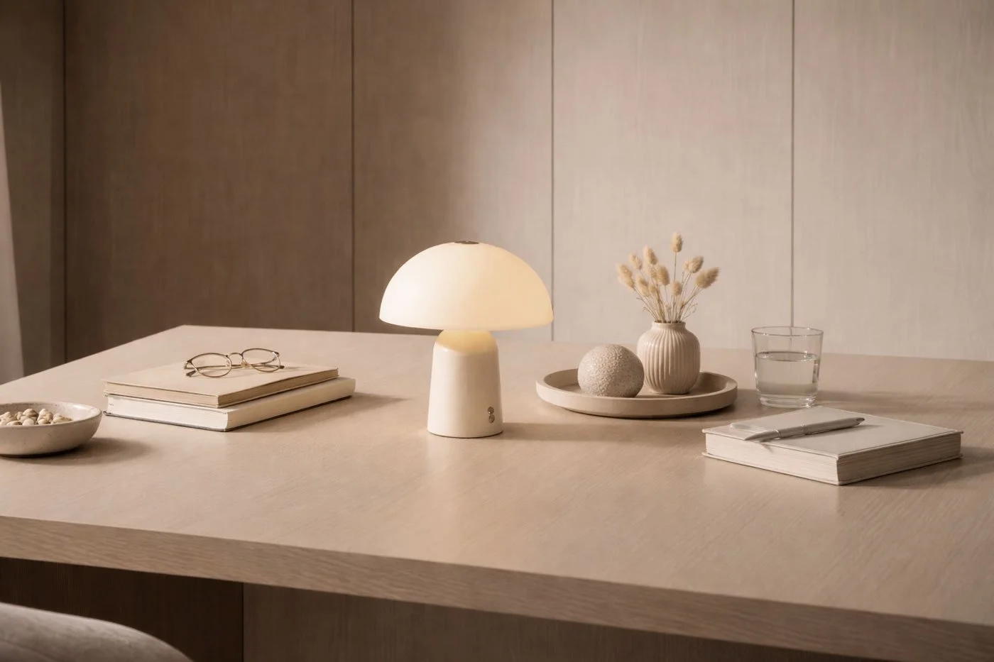 A minimalist beige table holding a small bedside lamp, a stack of three notebooks with glasses on top, a white bowl with decorative stones, a round textured stone, a small vase with dried flowers, a tray with a round object, a glass of water, and a closed notebook with a pen on top. The background features a plain beige wall.
