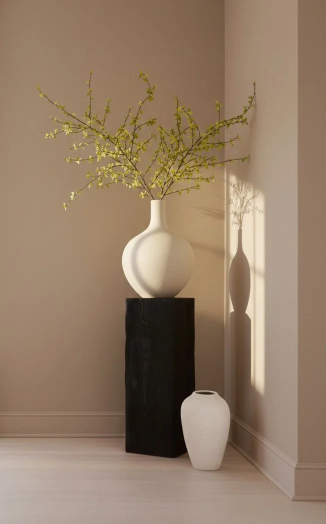 A white ceramic vase with branches of yellowish-green flowers sitting on a black wooden stand, casting a shadow on the beige wall, with a smaller white vase on the floor.