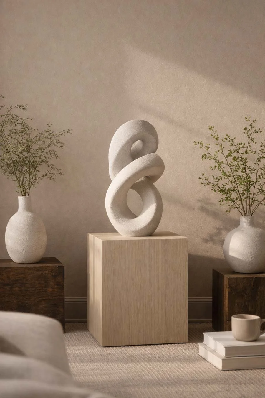 Minimalist interior decor with abstract white sculpture on a light wooden pedestal, flanked by two vases with green leafy branches, and a white mug and books on the floor.