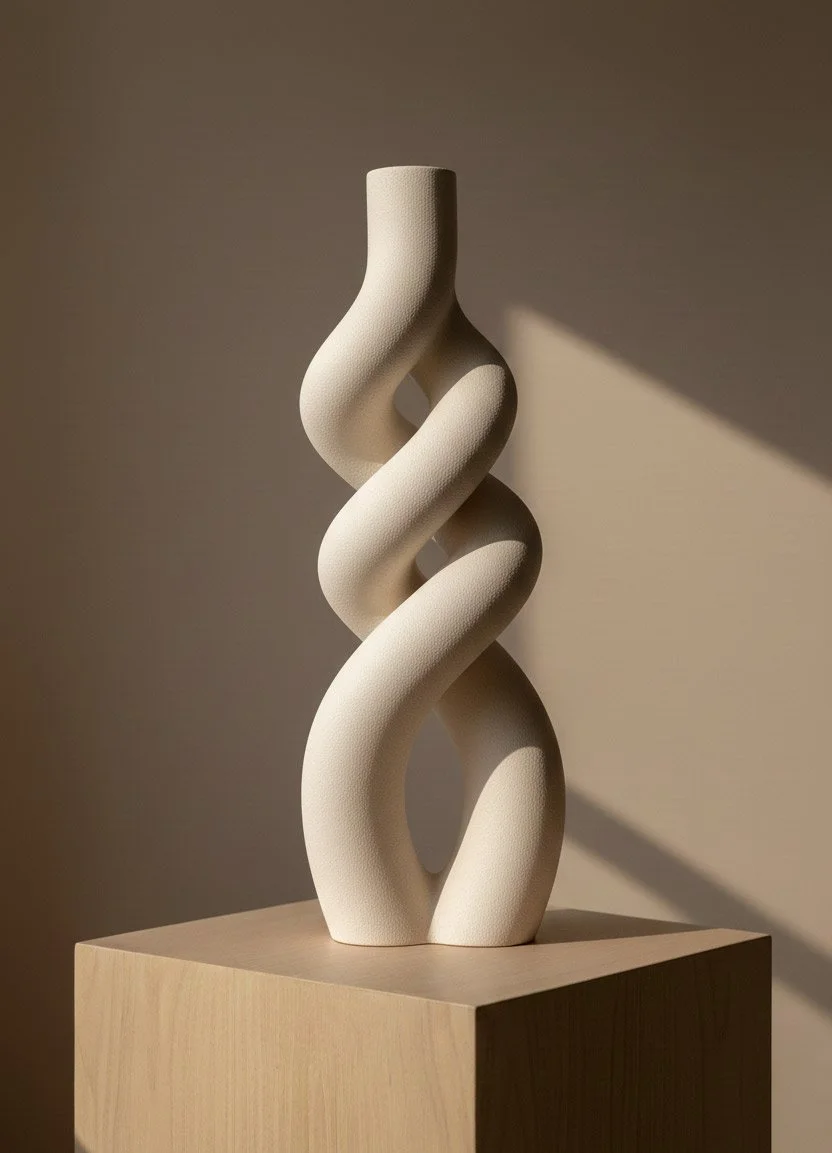 Abstract beige sculpture with intertwined, curved shapes on a wooden pedestal, lit by soft natural light.