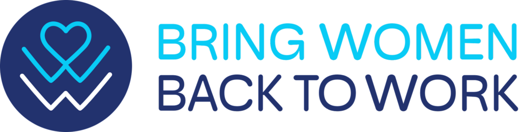 Logo for an organization called Bring Women Back to Work, featuring a circular emblem with a stylized heart and 'W' design, and the organization name in blue and purple text.