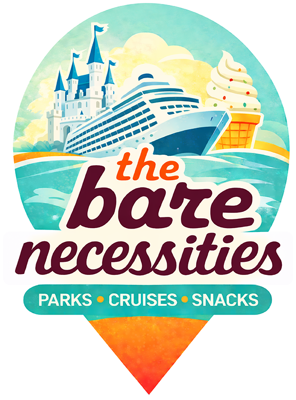 Logo for 'The Barge Necessities' featuring a castle, a cruise ship, an ice cream cone, and the text 'Parks, Cruises, Snacks'.