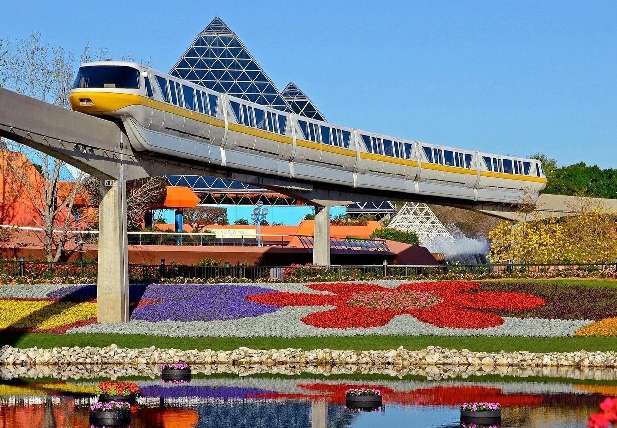 The Monorail passing in front of Imagination! Pavilion at Epcot.