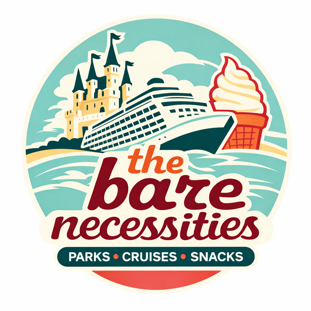 Logo for 'The Barge Necessities' featuring a castle, a cruise ship, an ice cream cone, and the text 'Parks, Cruises, Snacks'.