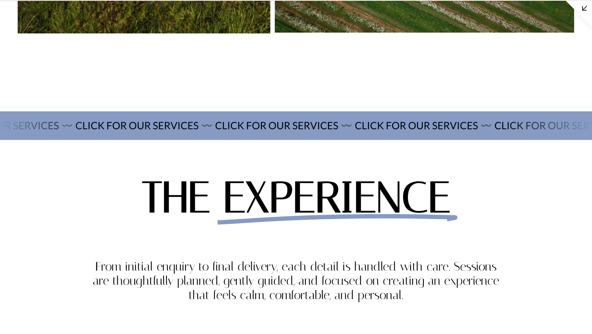 Text on a webpage featuring the headline 'The Experience' with a description about services focused on creating calm and comfortable experiences, with a header repeating 'Click for Our Services.'