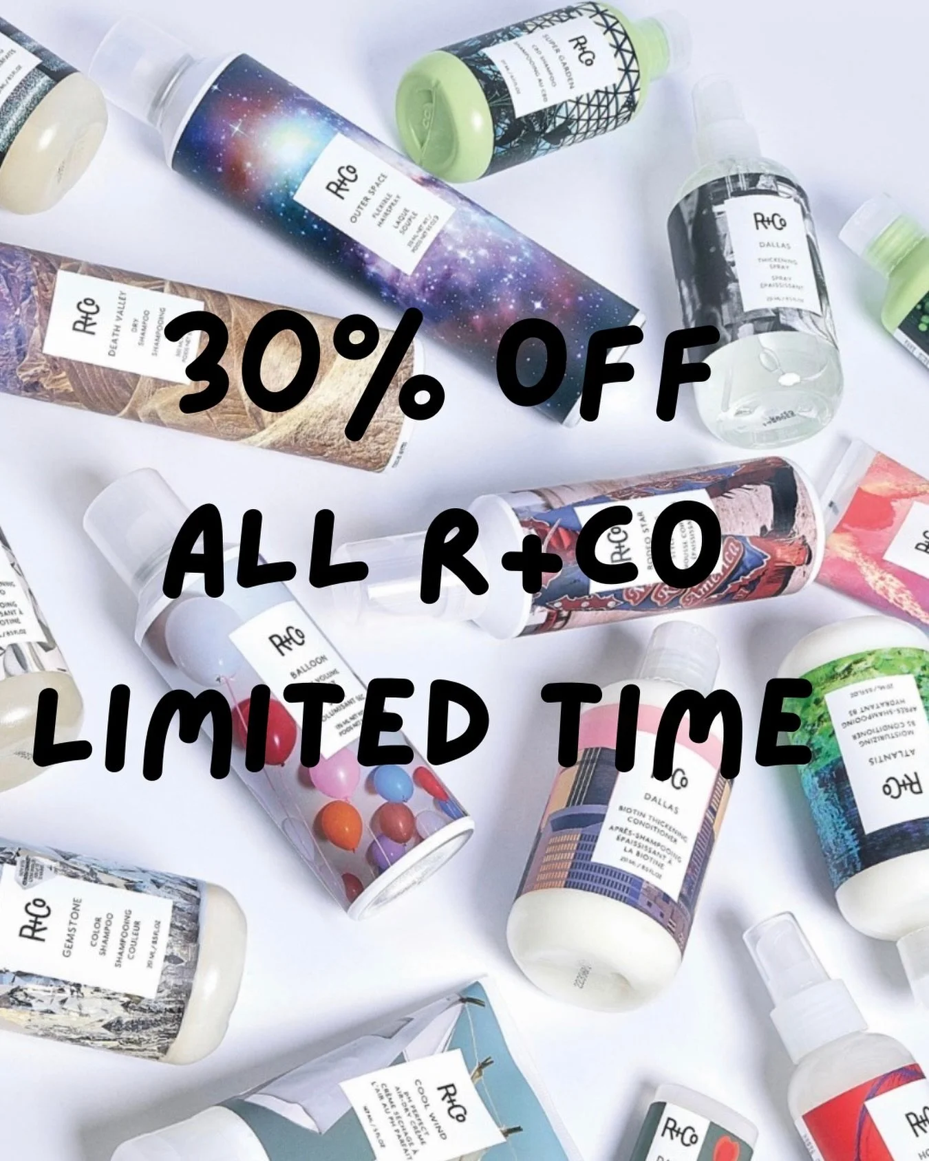 Shop your R+Co favorites while they&rsquo;re still in stock&hellip;and 30% off! Now is the time to stock up on travel goodies and other great warm weather products like Outer Space dry shampoo, or Moonlanding anti-humidity spray! Shop through the lin