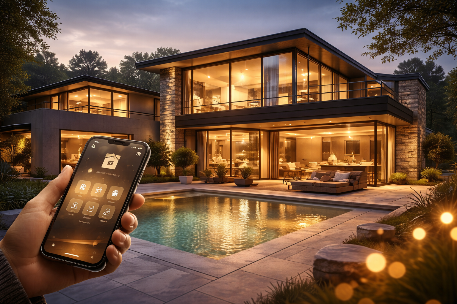 A modern two-story house with large glass windows and a swimming pool in the foreground. Someone is holding a smartphone displaying a smart home app, with lights and security features visible on the screen. The house is illuminated warmly from inside, surrounded by trees and warm outdoor lighting at dusk.