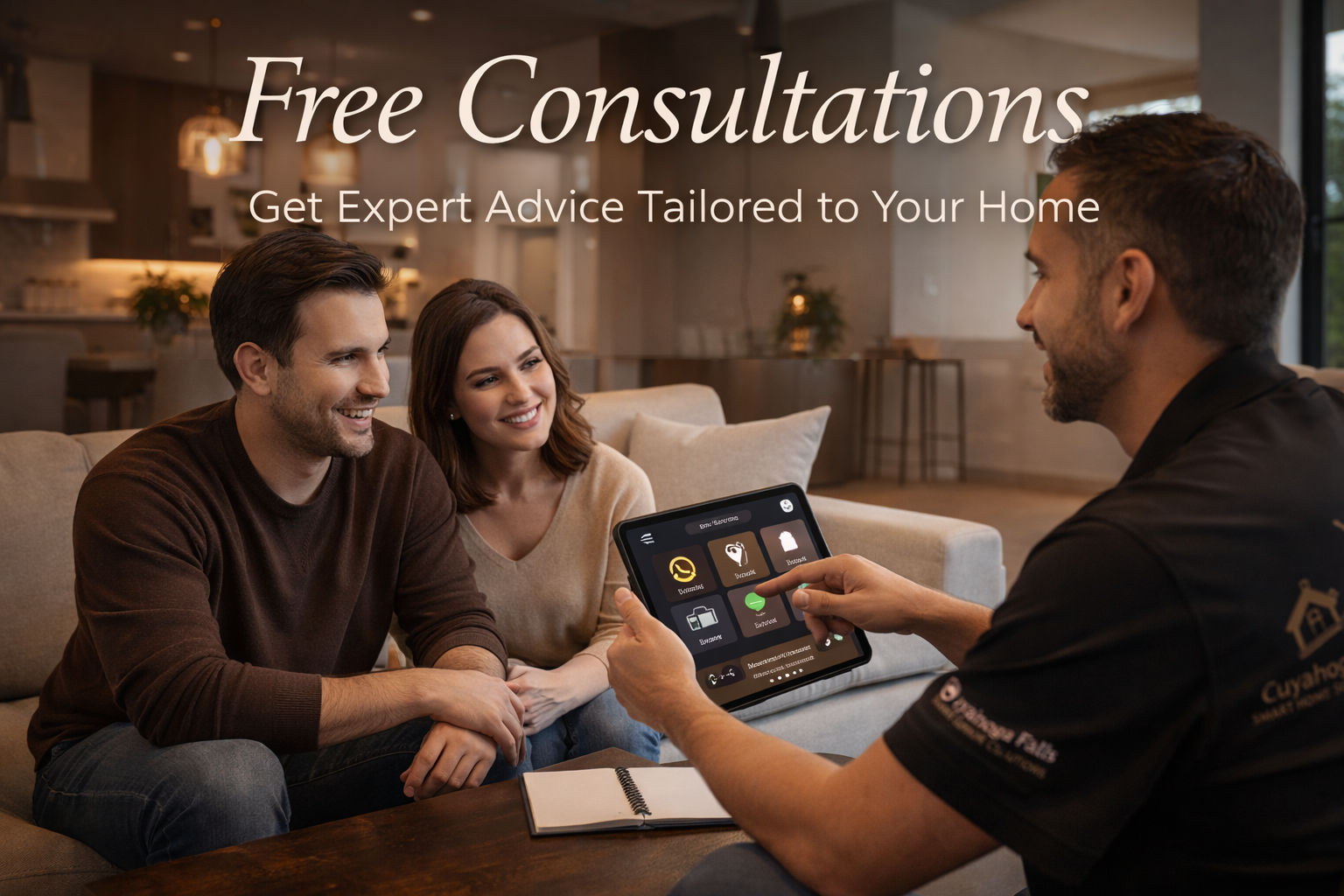 A couple sits on a couch smiling as a technician shows them a home automation tablet. The image courtains a welcoming living room.