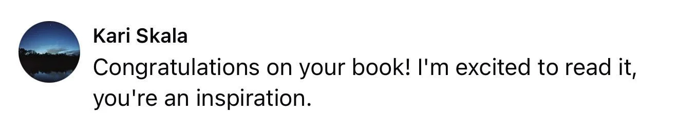 Screenshot of a social media comment congratulating someone on their book.