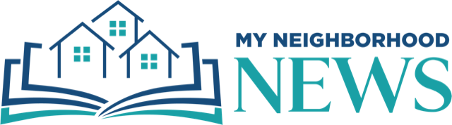 Illustration of three houses above an open book, with the text 'My Neighborhood News' to the right. A news company.
