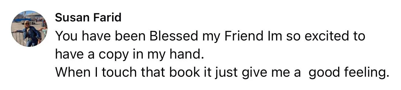 Facebook Community Feedback from Susan Farid expressing excitement about having a copy of a book, sharing that touching the book gives her a good feeling.