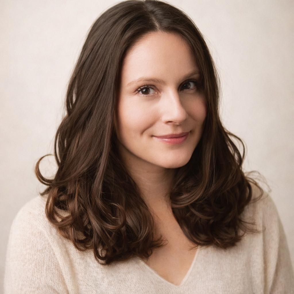Portrait of a young woman with long, wavy brown hair, smiling softly, wearing a light-colored sweater against a neutral background.