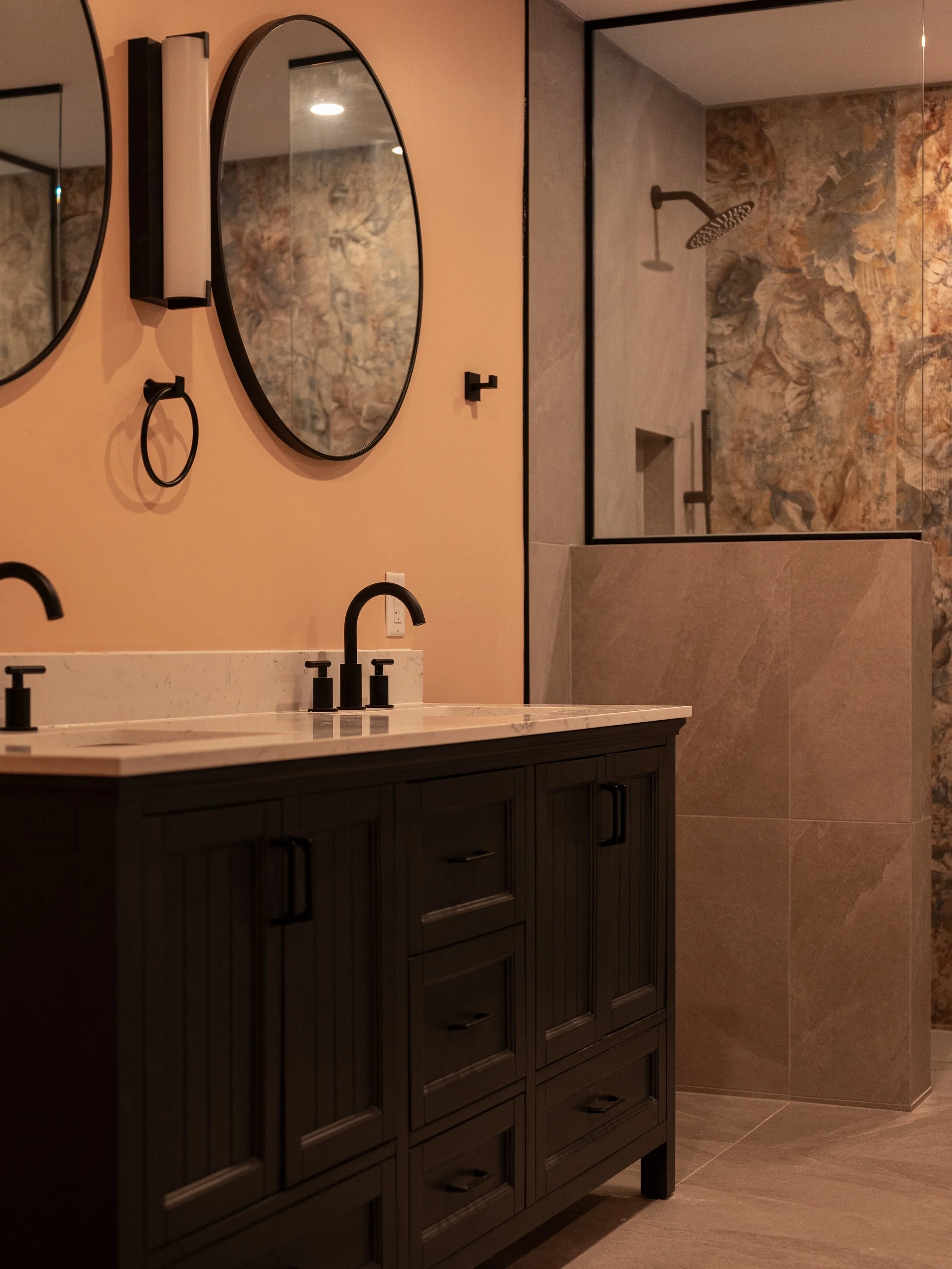 Modern bathroom vanity and tile wall from a custom Ottawa, Dunrobin bathroom renovation