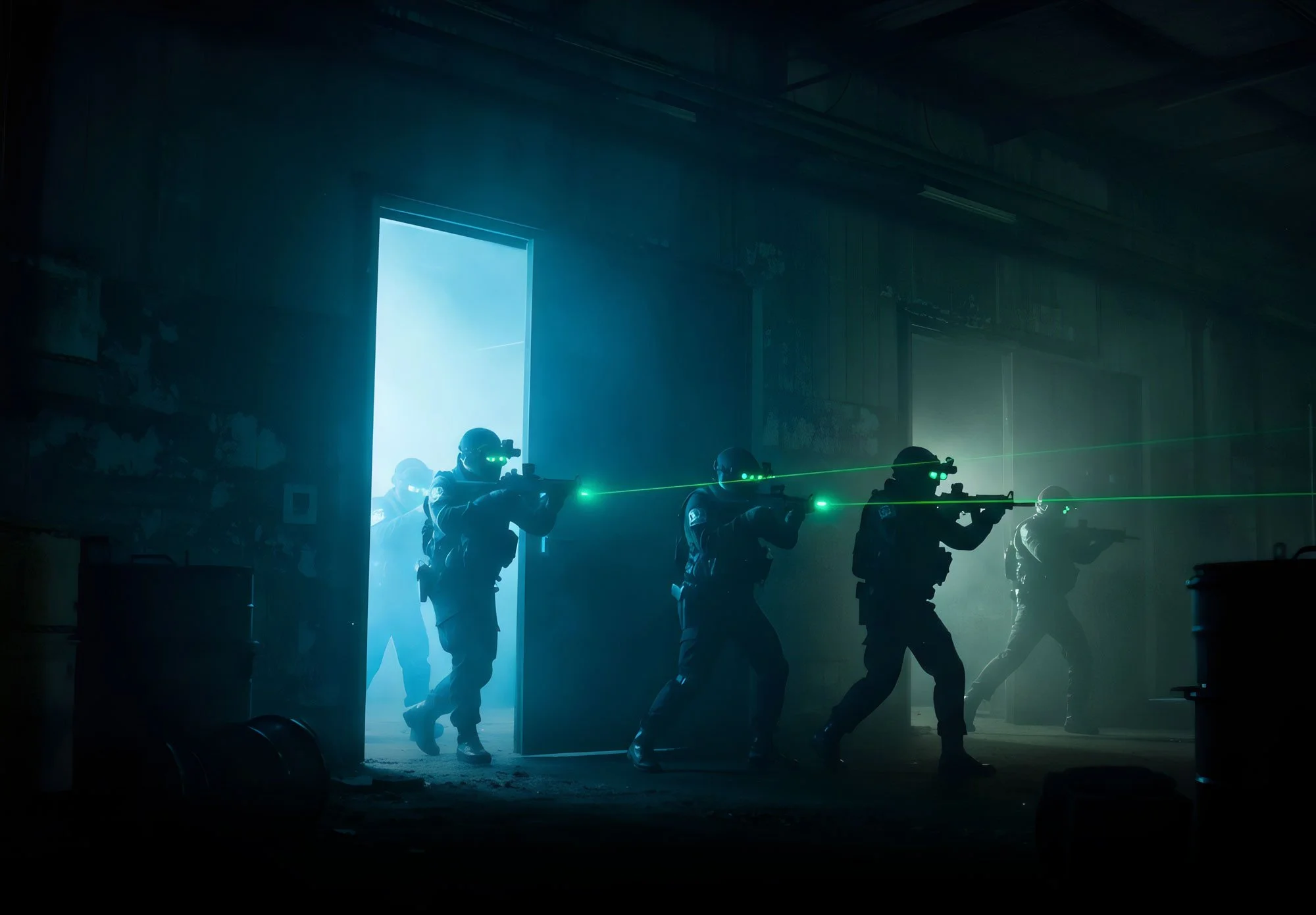 Group of tactical soldiers inside a dark building, firing green laser sights, emerging from a doorway with bright light outside, wearing night vision goggles and tactical gear.