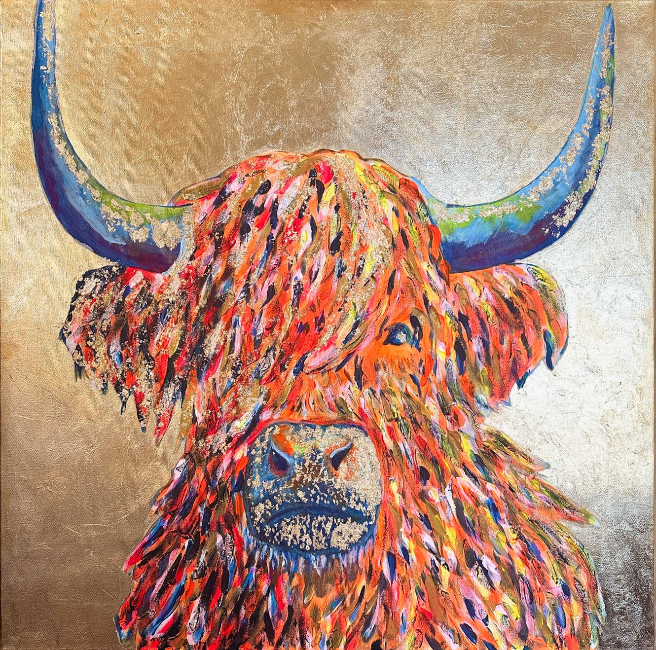 Colorful painting of a Highland cow with long shaggy hair and large curved horns, depicted in vibrant colors on a textured beige background.