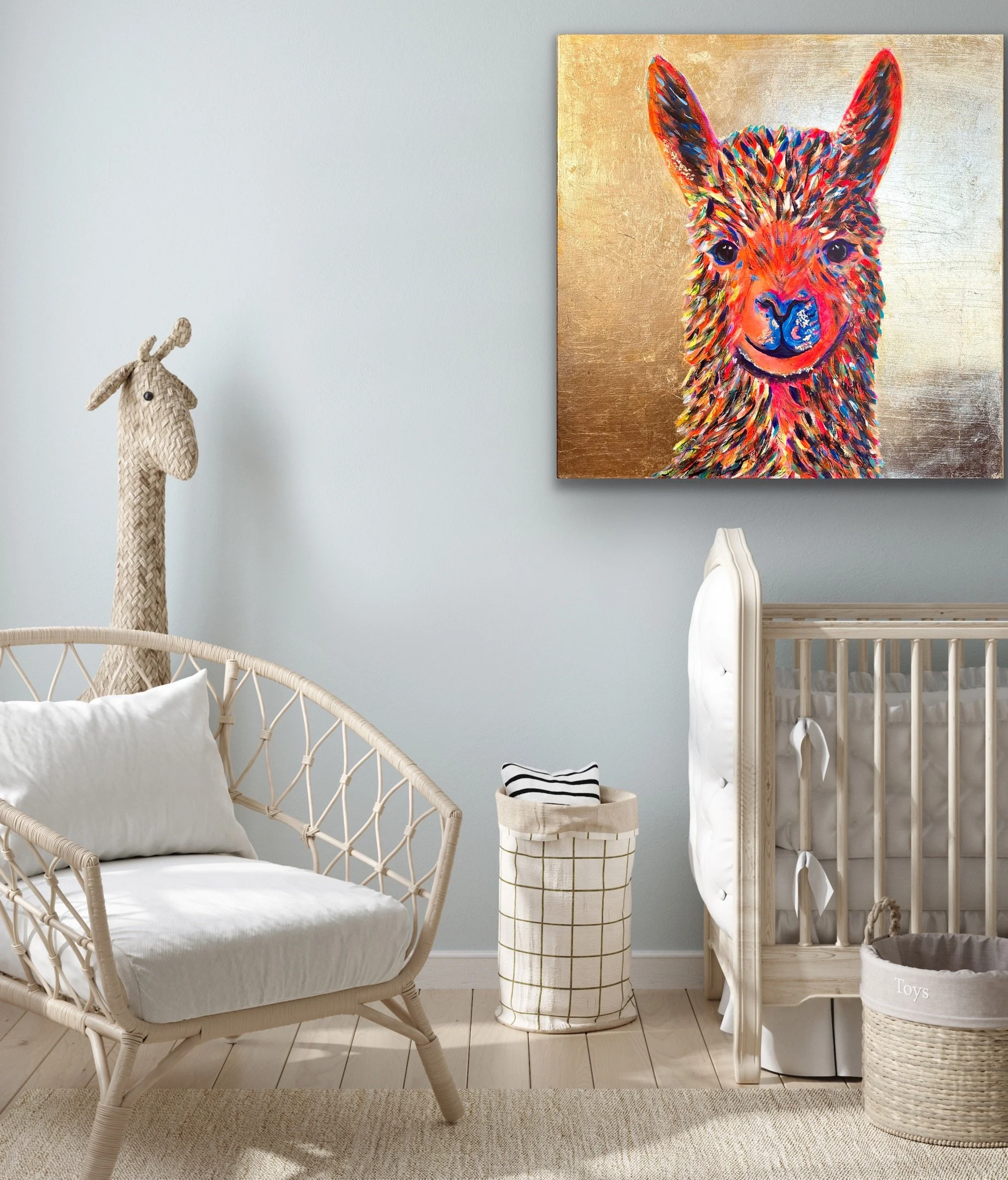 Nursery room with a wicker chair, a teddy giraffe, a crib, and a colorful painting of an Alpaca on the wall.