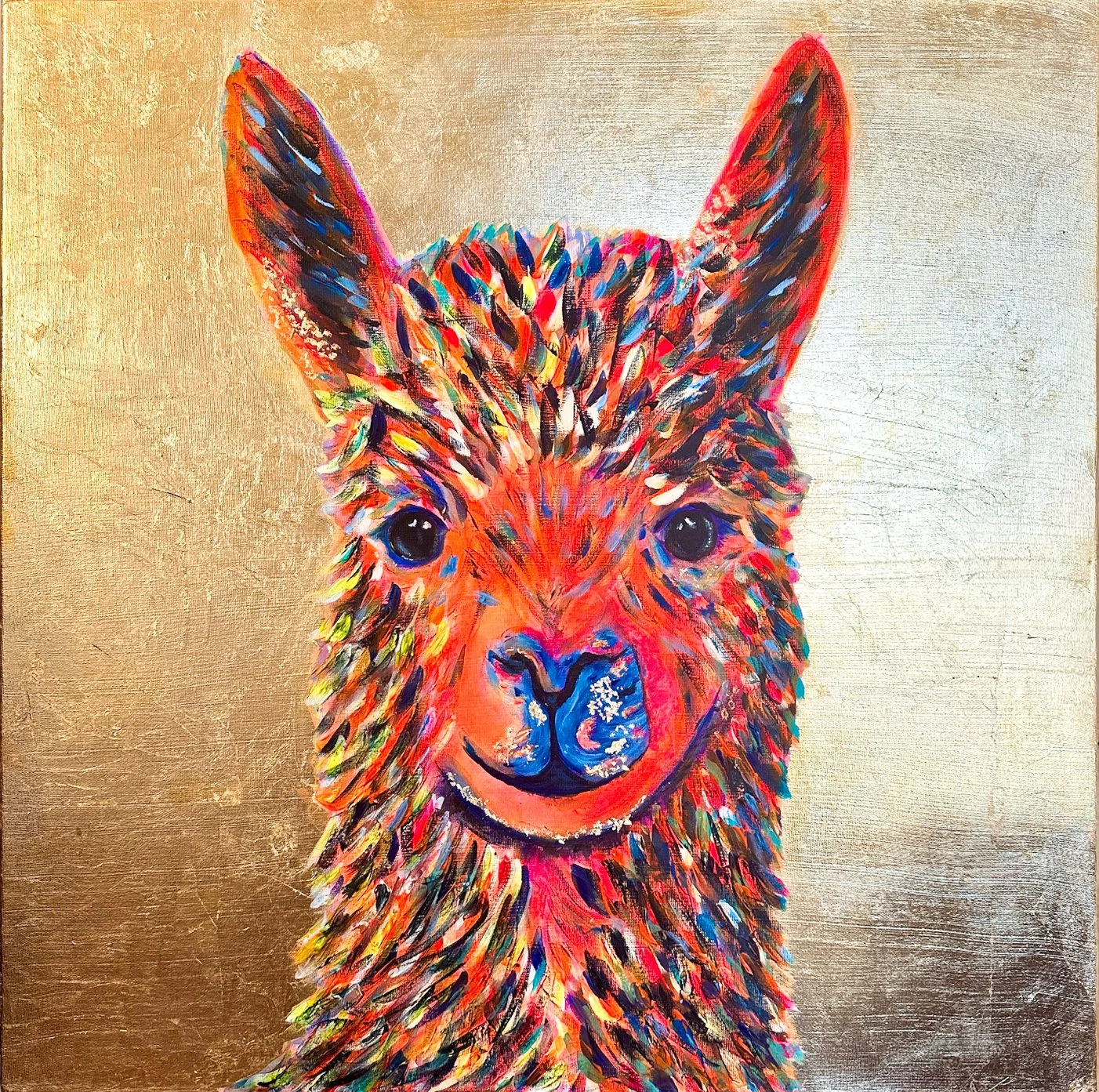 Colorful acrylic painting of a Alpaca's face on a gold background.
