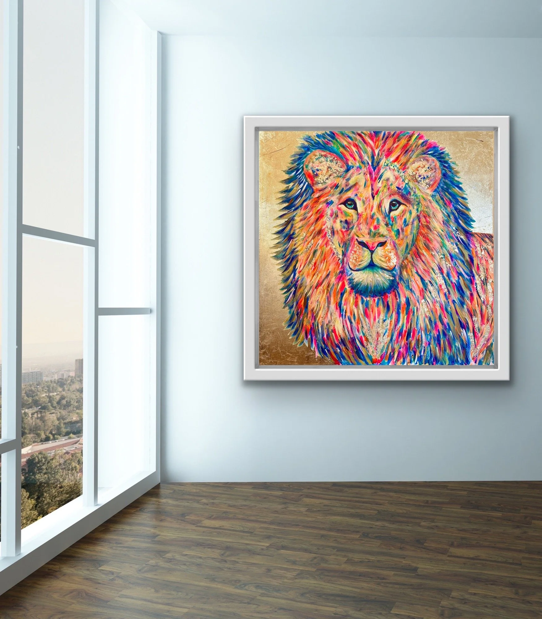 Colorful abstract painting of a lion hanging in a modern gallery with large windows and wooden floor.
