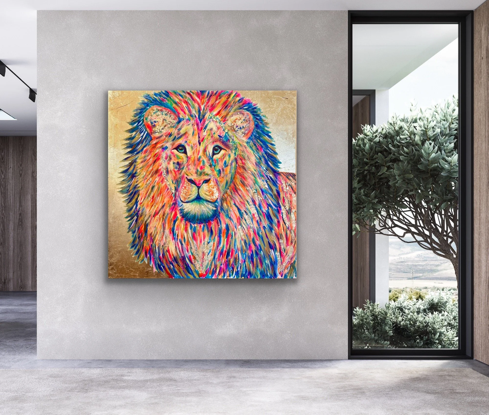 Colorful painting of a lion on a wall in interior space with a window and greenery outside