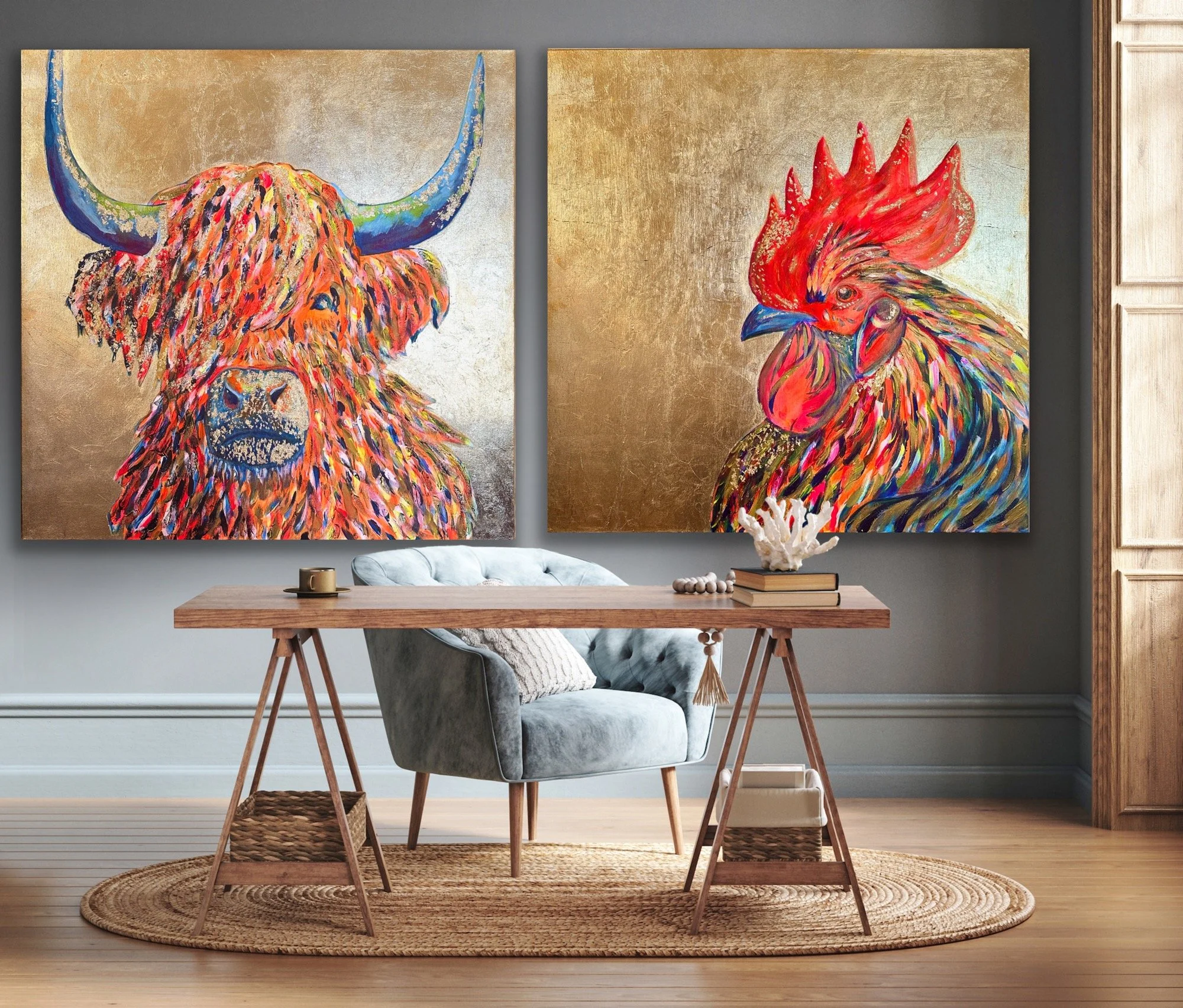 Interior of a room with two colorful animal paintings on the wall, a wooden desk with a gray upholstered chair, and decorative items like books and coral on the desk.