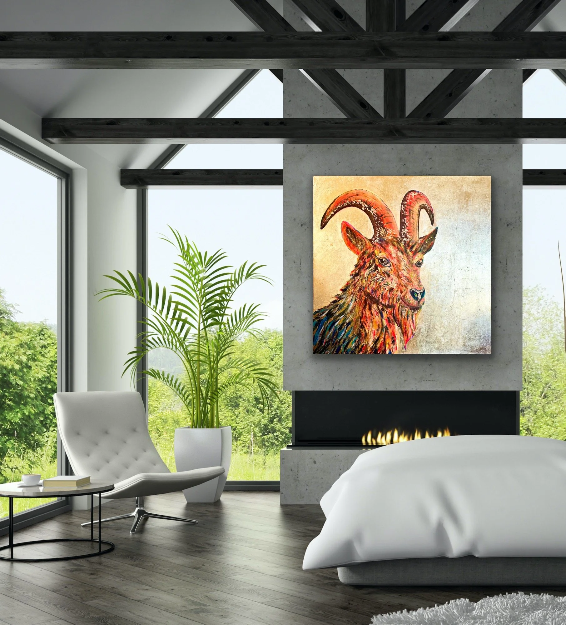 Modern living room with large windows, a potted plant, a white armchair, a coffee table, a bed, a painting of a colorful goat with horns, and a fireplace.