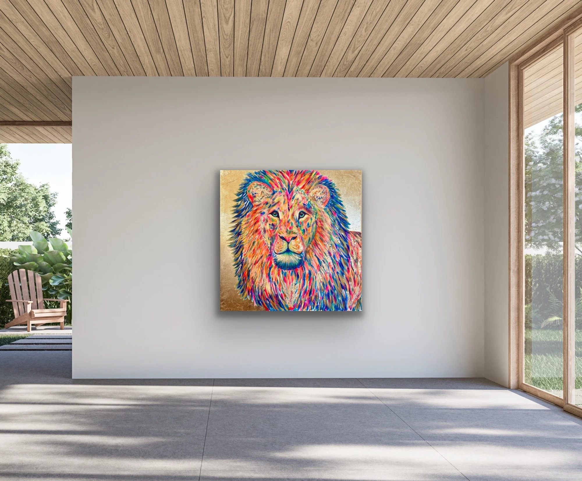 Colorful abstract painting of a lion hangs on a white wall in a modern room with large windows and wooden ceiling.