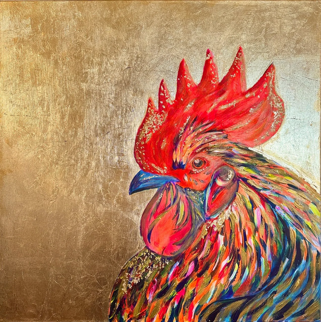 A colorful painting of a rooster against a gold background.