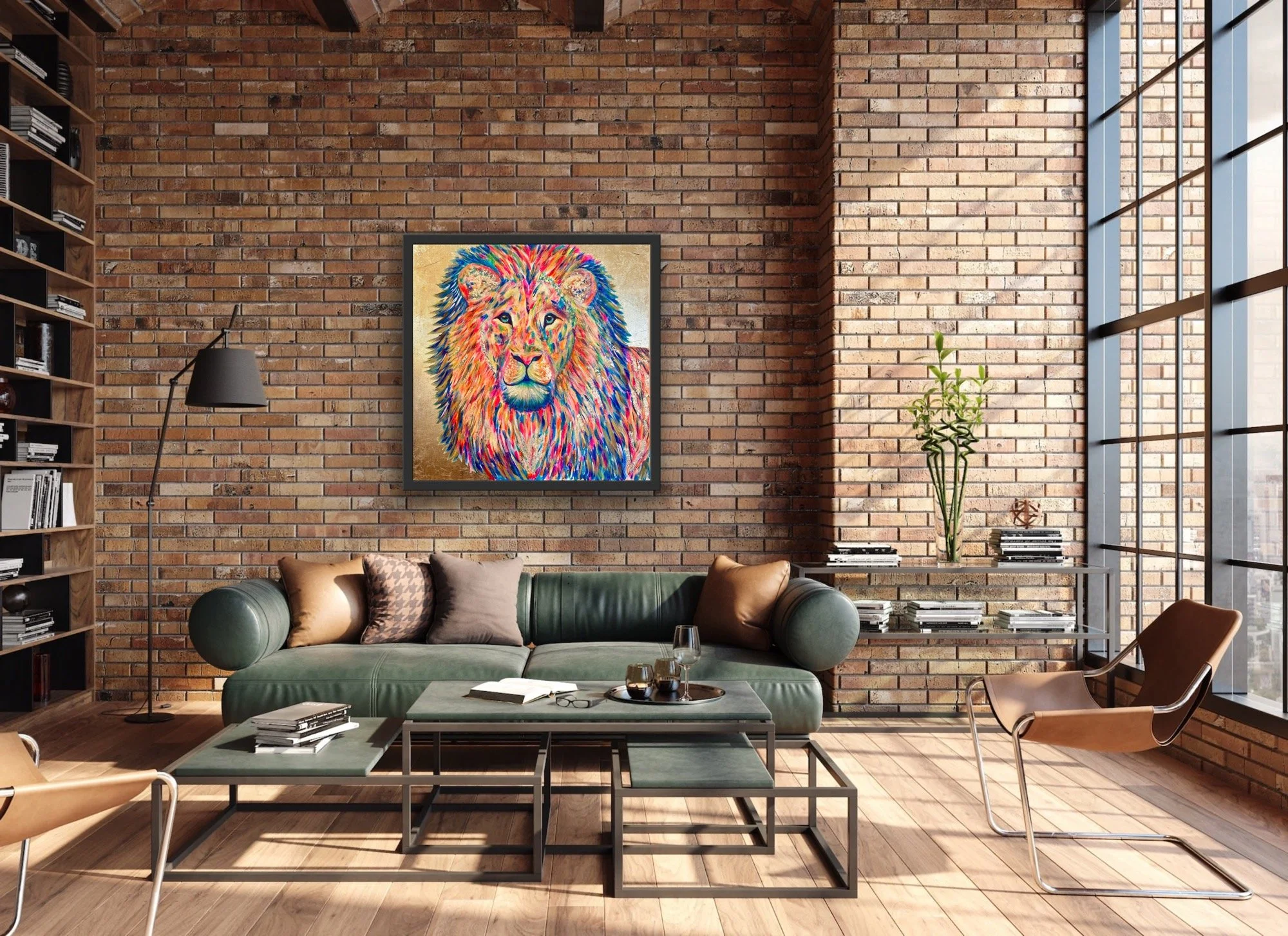 Modern living room with a brick wall, green sofa, abstract lion painting, glass coffee table, bookshelves, floor lamp, and large windows.