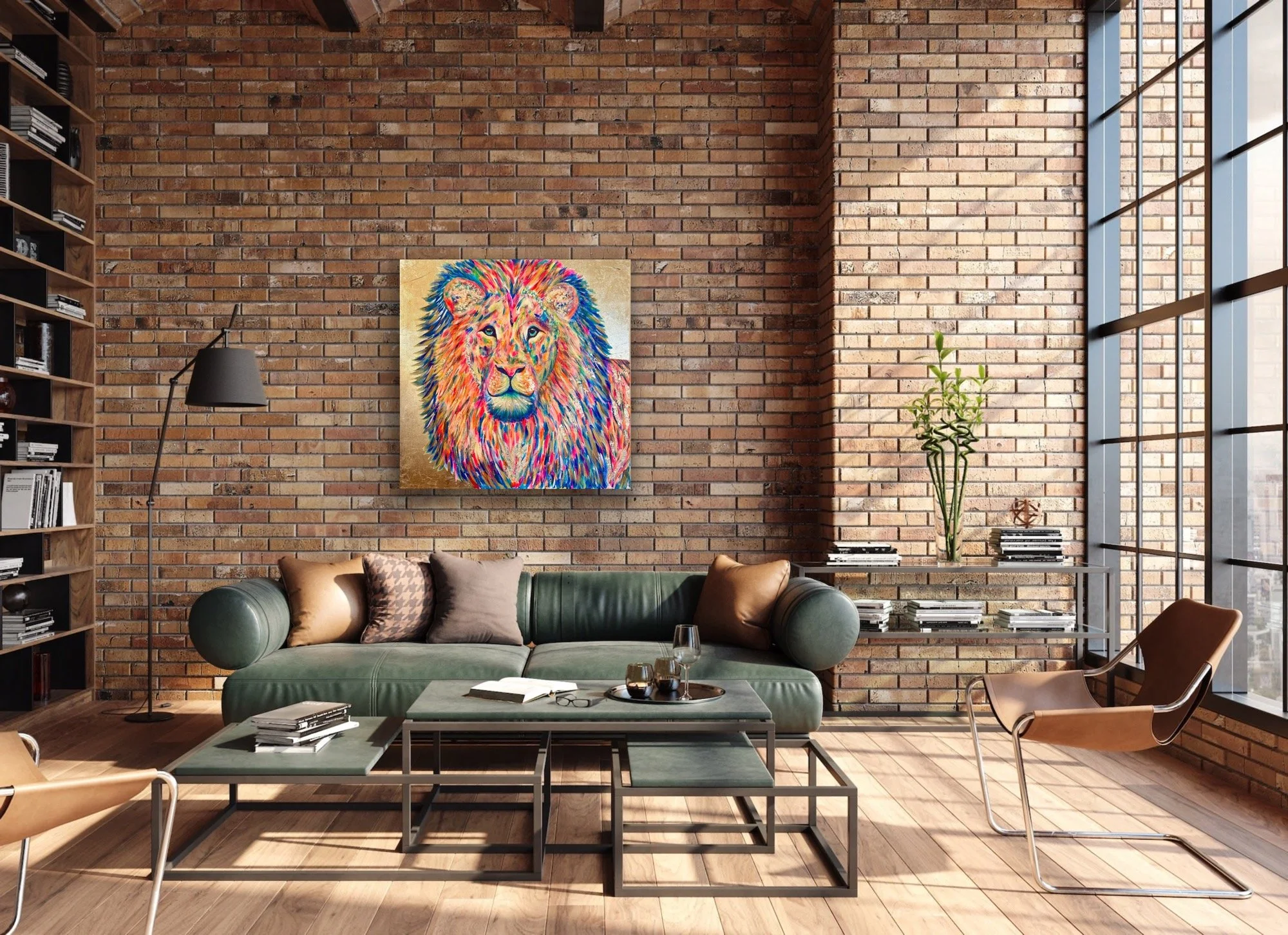 Living room with exposed brick wall, a green leather sofa with pillows, a black floor lamp, a colorful lion painting on the wall, a glass-top coffee table with books and glassware, a brown leather chair, and large floor-to-ceiling windows with black 
