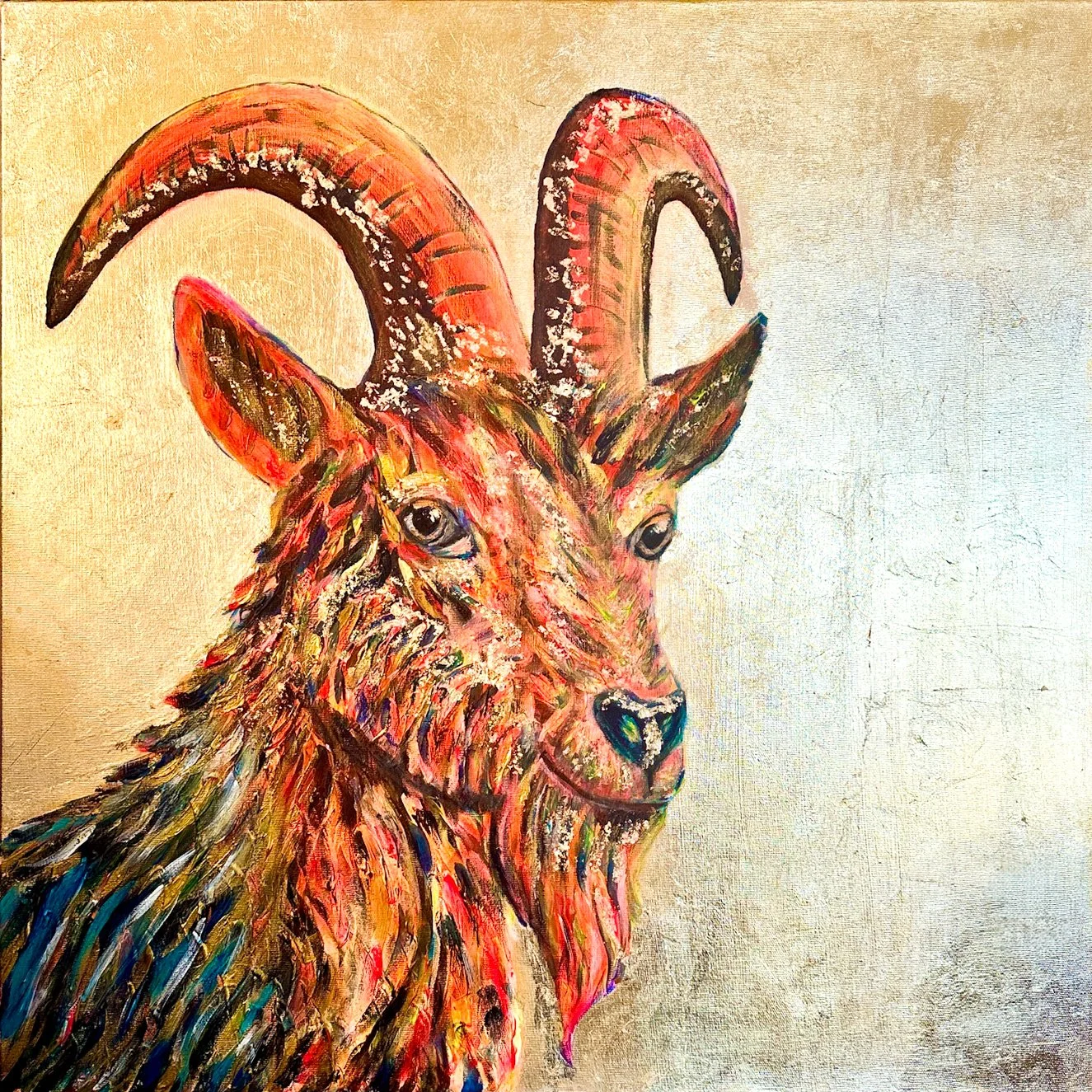Colorful painting of a goat with curved horns, detailed fur, and a neutral background.