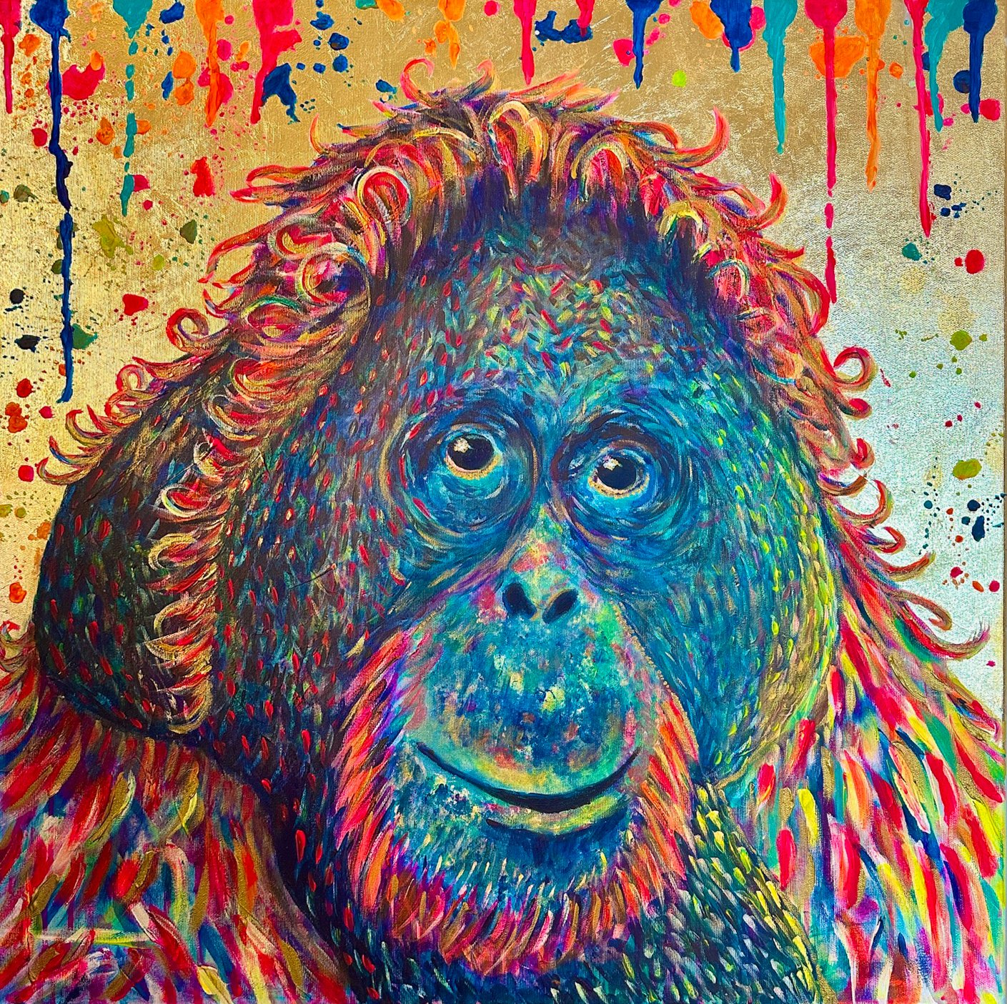 Colorful artistic painting of a chimpanzee with a vibrant rainbow-like palette and splashes of paint in the background.