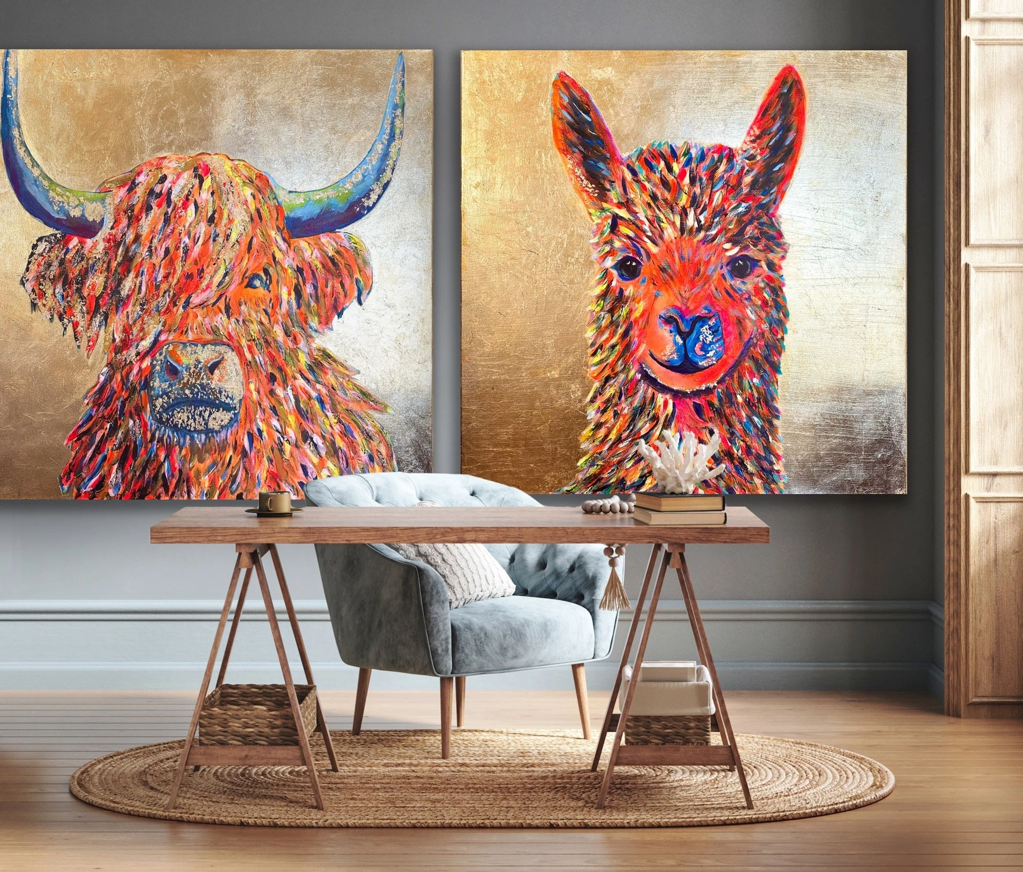 A modern office or studio space with two large colorful paintings of animals on the wall; one of a Highland cow with long horns and a shaggy coat, and the other of a smiling llama, both painted in vibrant, expressive colors with a gold background. Th