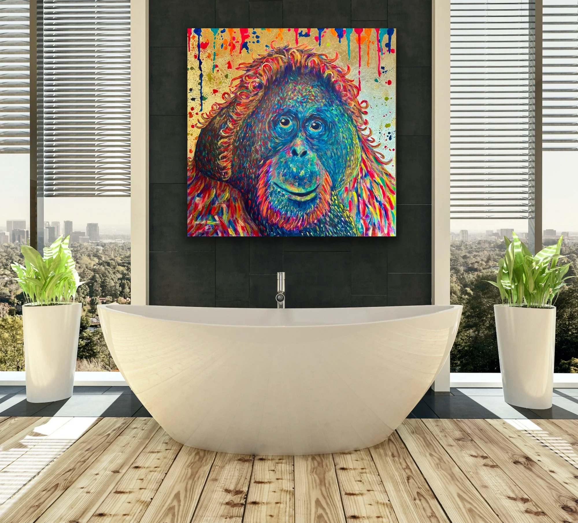 Modern bathroom with a white bathtub, large windows with city view, black tiled wall, colorful portrait of a monkey hanging on the wall, and two potted plants