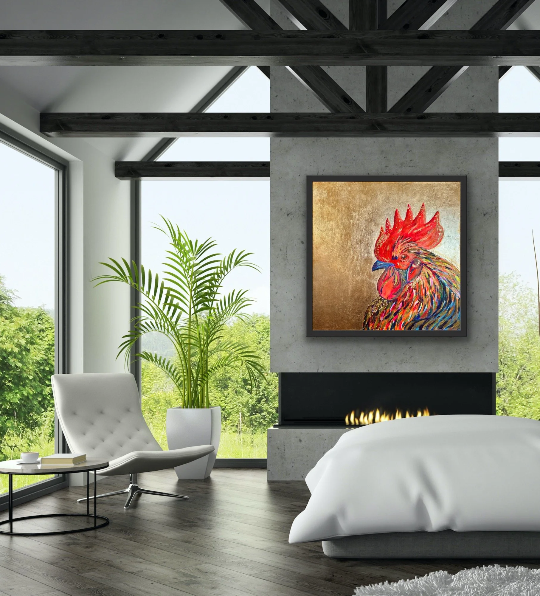 Modern living room with large windows, a potted plant, a white lounge chair, a side table with books and a cup, a bed with white bedding, a concrete fireplace, and a colorful painting of a rooster on the wall above the fireplace.