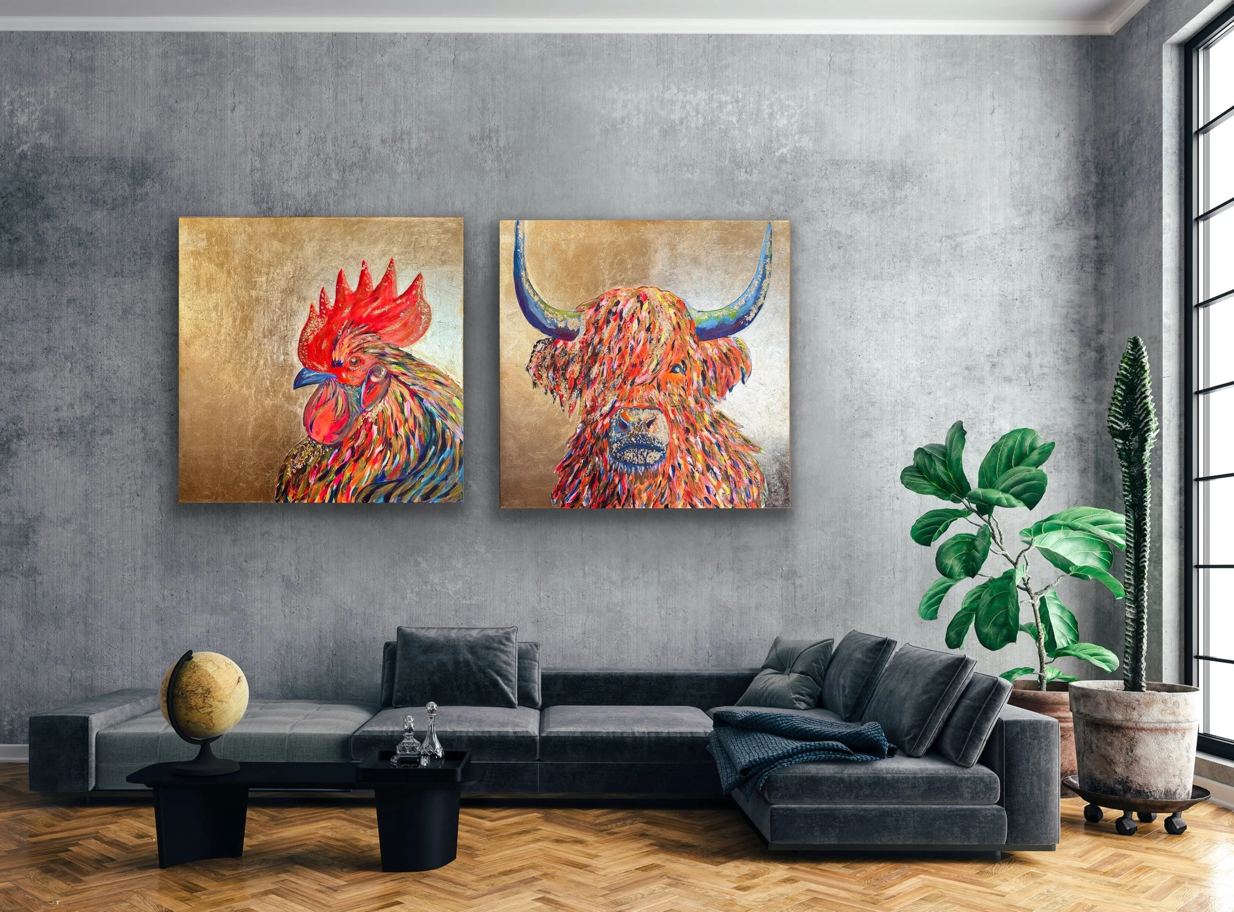 Living room with a grey textured wall, two colorful animal paintings hanging above a dark grey sectional sofa, potted plants to the right, a black coffee table with a globe and glass decanter, and hardwood flooring.