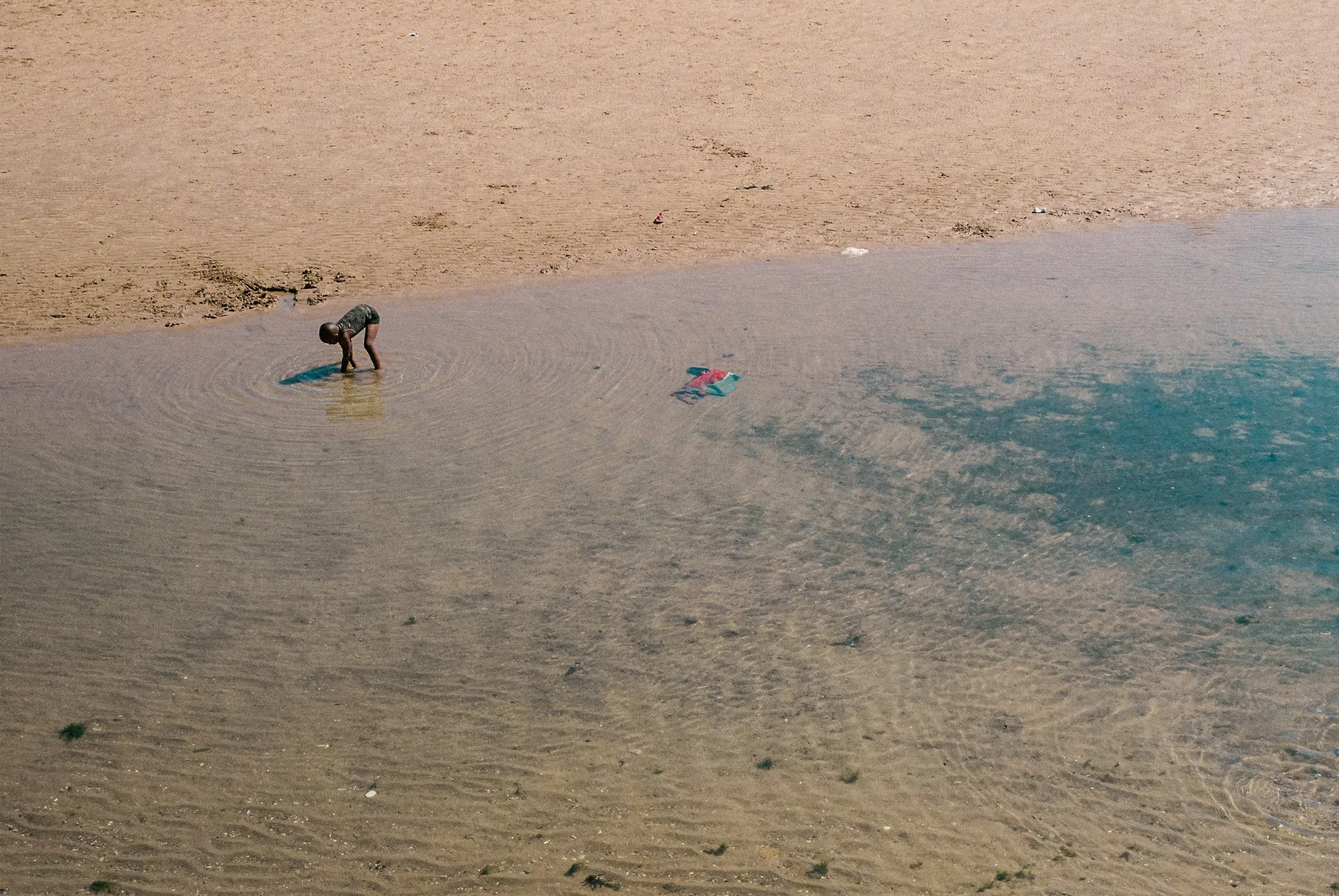 A person bend over in shallow water at the edge of a sandy beach, with a few small objects and ripples in the water around them.