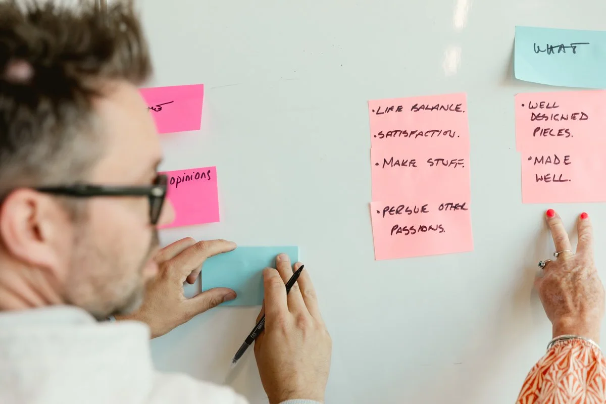 Two people working on a whiteboard with pink and blue sticky notes, writing ideas and points for discussion.