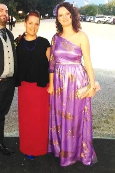 Bespoke one-shoulder Maid of Honour dress in shimmering purple and gold, designed and hand-crafted by Elena Milani in her Burnham-on-Crouch studio using signature Venetian tailoring.