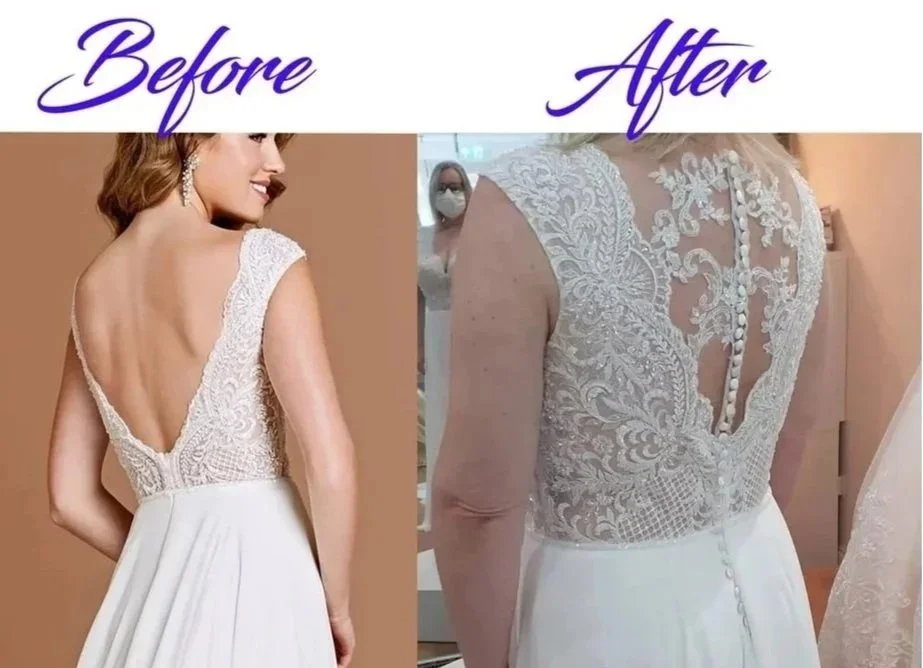 Comparison of a bridal dress before and after alterations. The left side shows a woman in a sleeveless lace wedding gown with an open back, smiling. The right side shows the same dress with additional lace detail covering the back and sleeves, with a person in the background wearing a face mask.