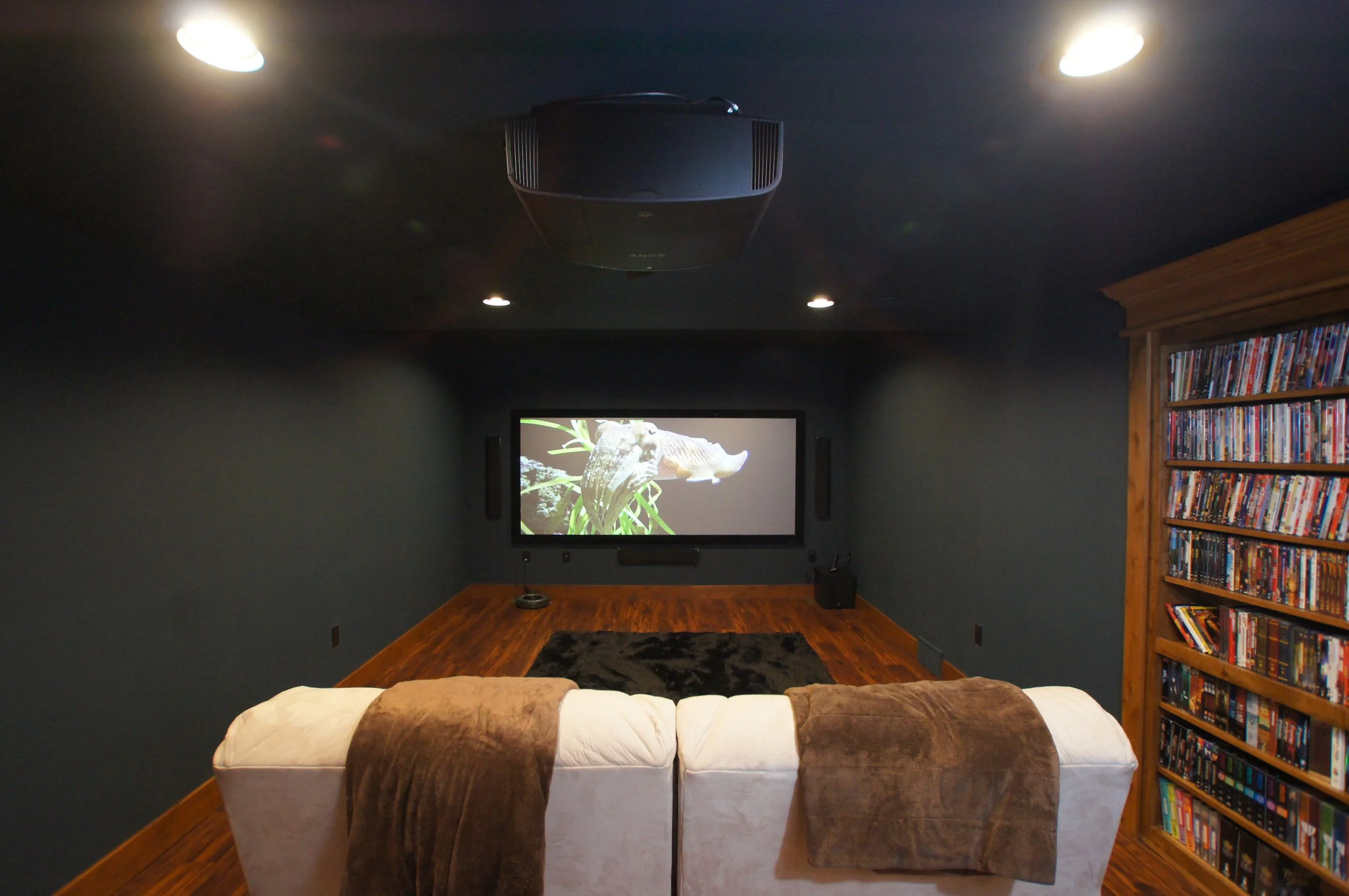 A home theater room with a wall-mounted screen showing a close-up of an animal in green plants. There is a beige sofa with brown throws, a dark rug, a wooden bookshelf filled with DVDs or Blu-ray discs, and a ceiling-mounted projector. The room has d