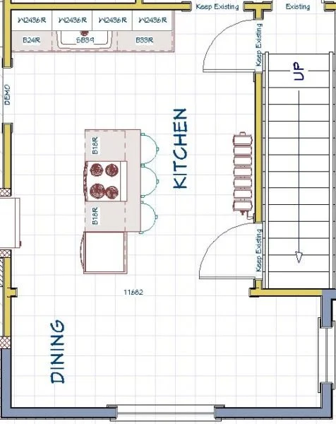 Floor plan of a home showing a kitchen with an island and a dining area.