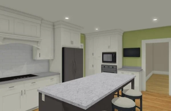 Kitchen with white cabinetry, a gray refrigerator, a white marble island, and built-in appliances, with green walls and hardwood flooring.