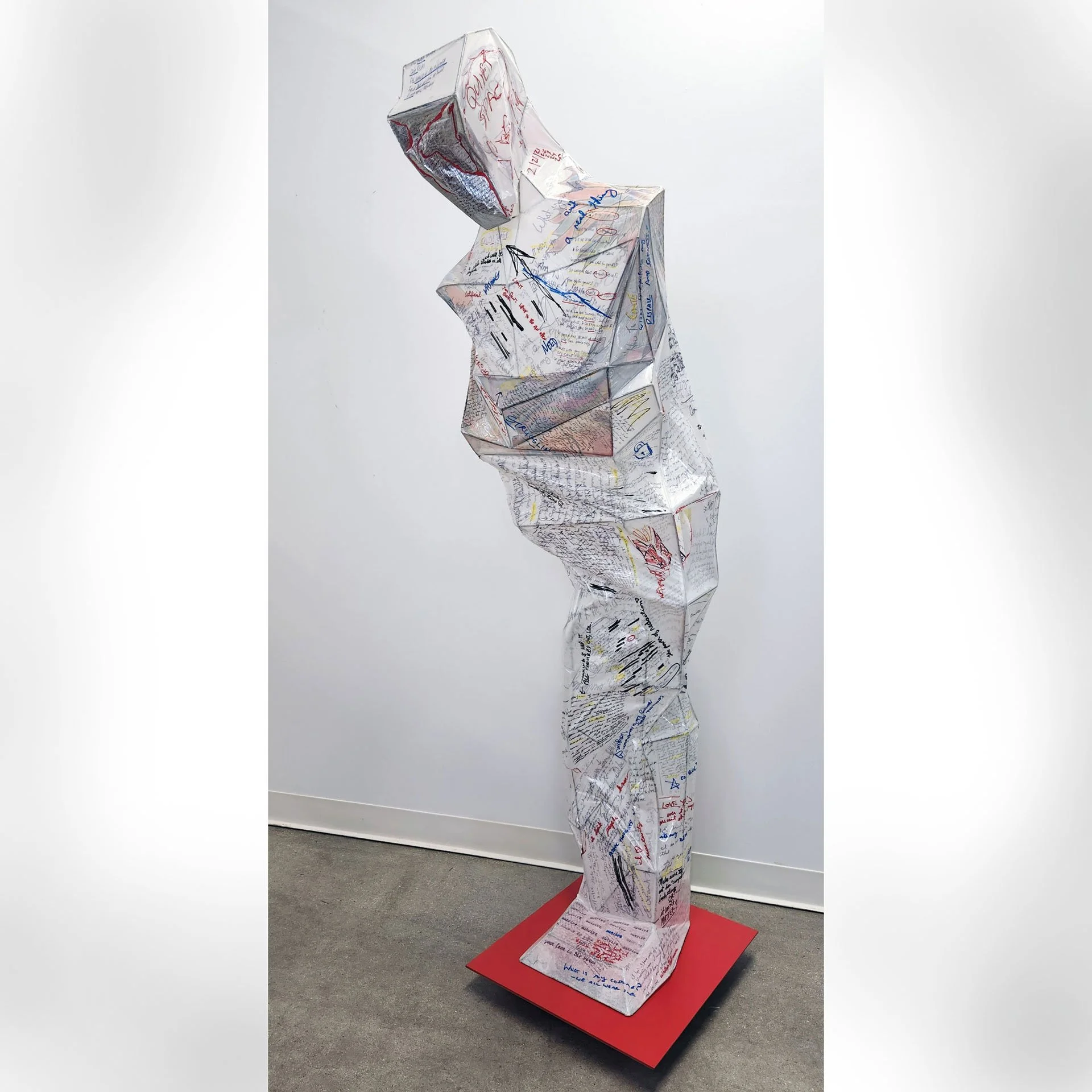 Shed, 2025. Paper, decoupage, welded steel rod, metal foil, wood, enamel – 70 x 21 x 25 in.