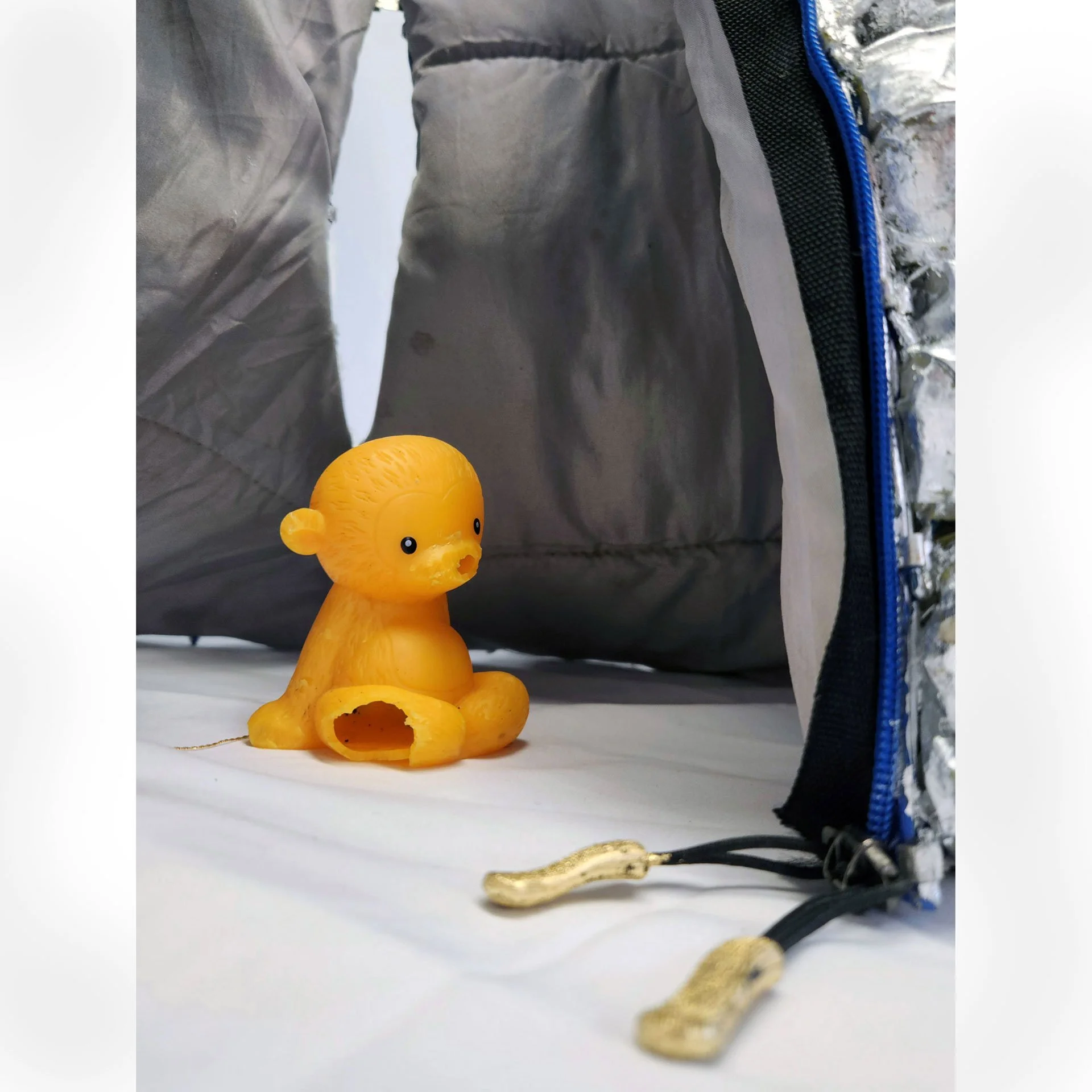 Wants and Needs, 2025. Paper, decoupage, metal foil, dress form, found materials – 25 x 20 x 15 in.