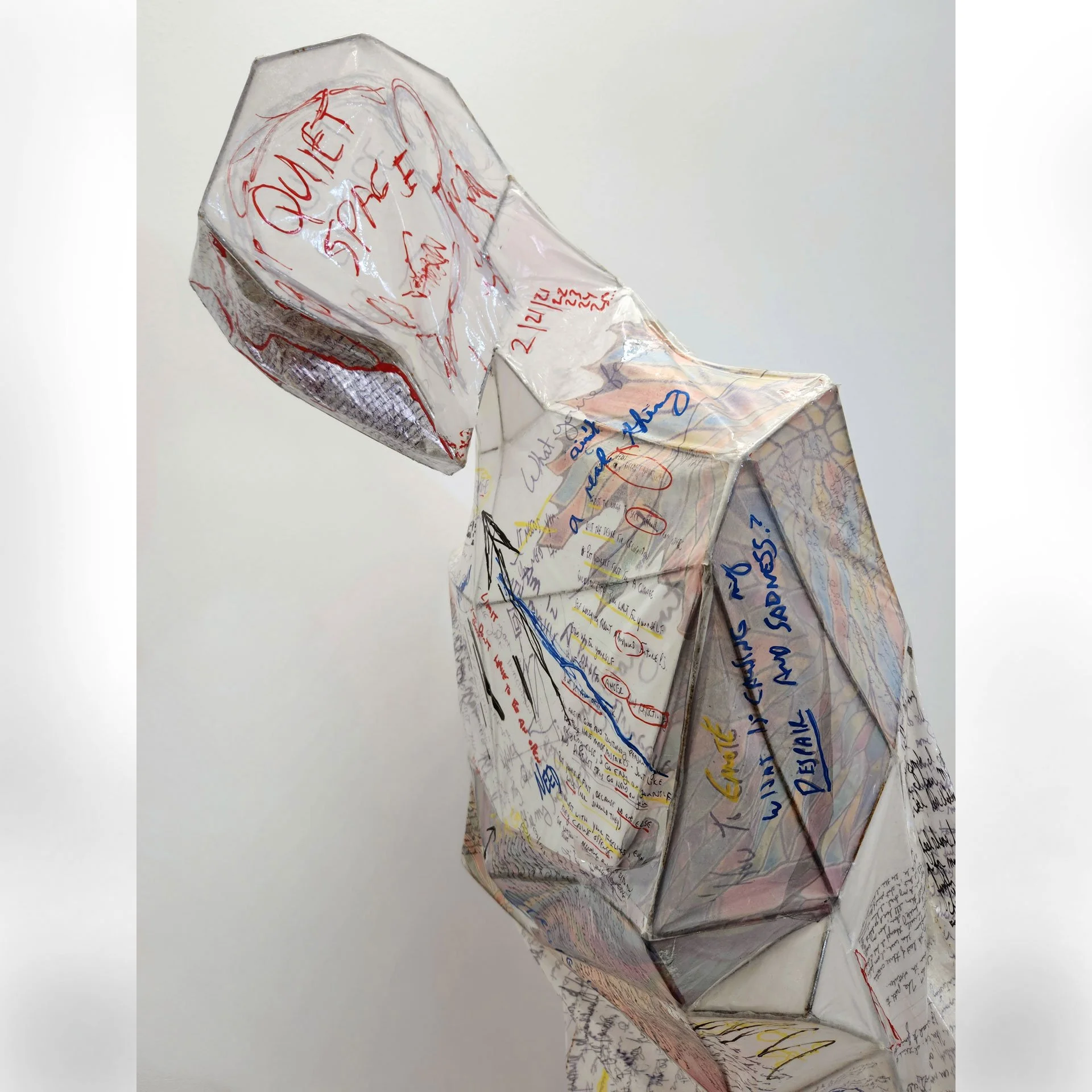 Shed, 2025. Paper, decoupage, welded steel rod, metal foil, wood, enamel – 70 x 21 x 25 in.
