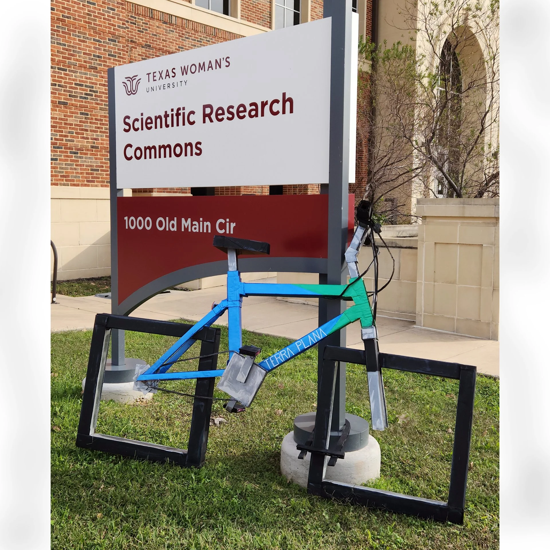 Terra Plana, 2025. Cardboard, hot glue, acrylic craft paint, googly eyes – 38 x 24 x 70 in.