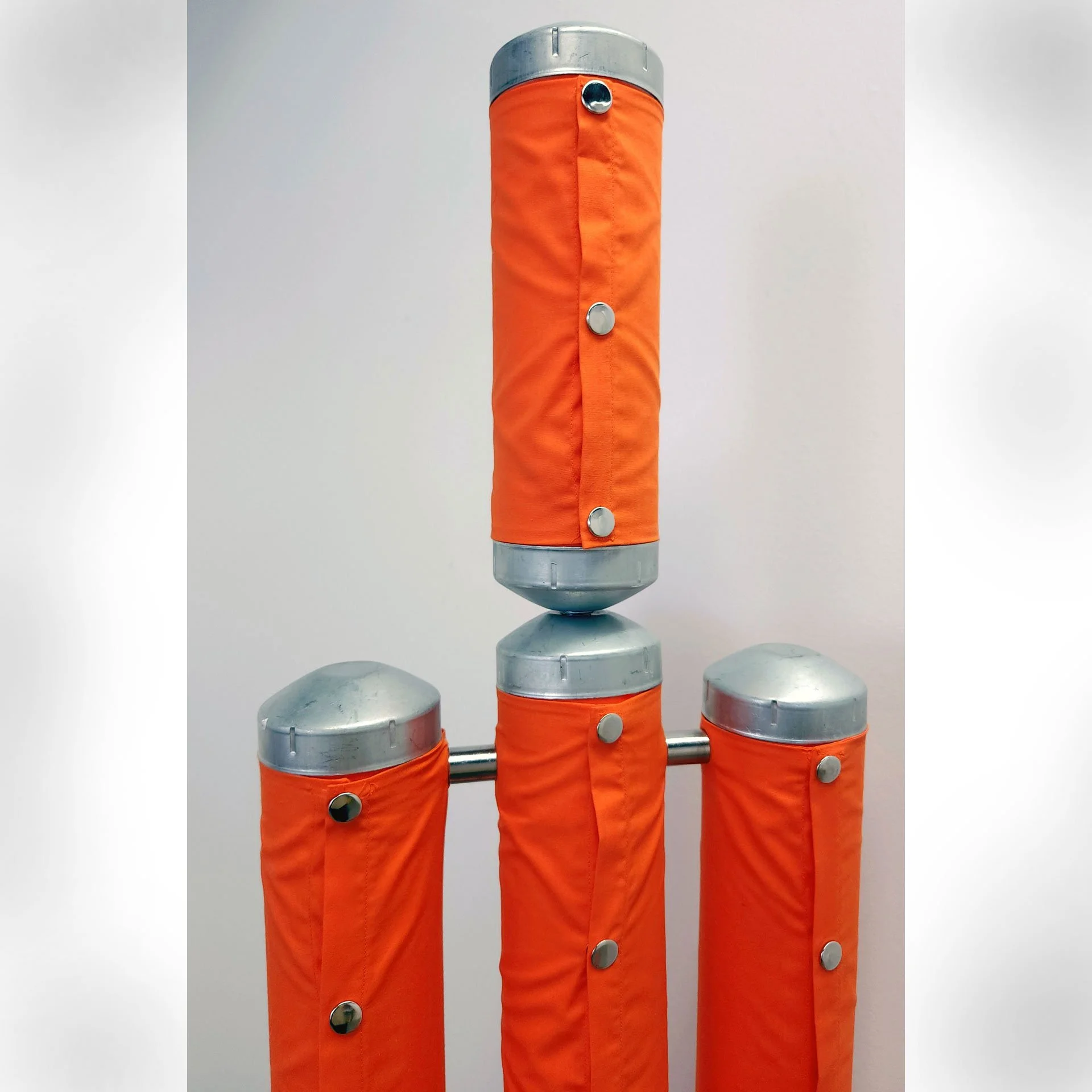 Stand, 2025. PVC pipe, fabric panels, steel base, steel caps, hardware – 72 x 85 x 25 in.