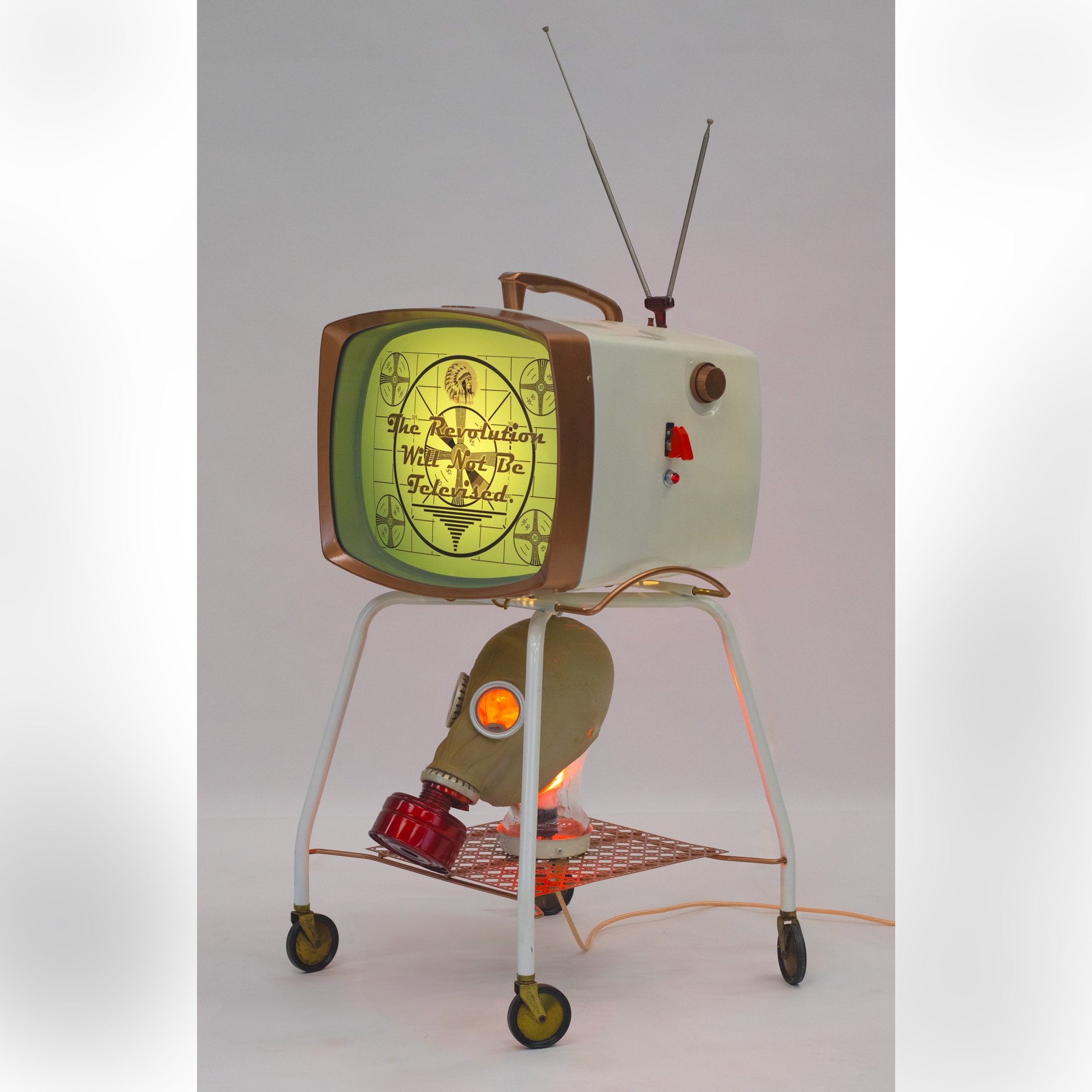 Interrupt Your Program, 2020. Found materials, light, print – 37 x 19 x 19 in.