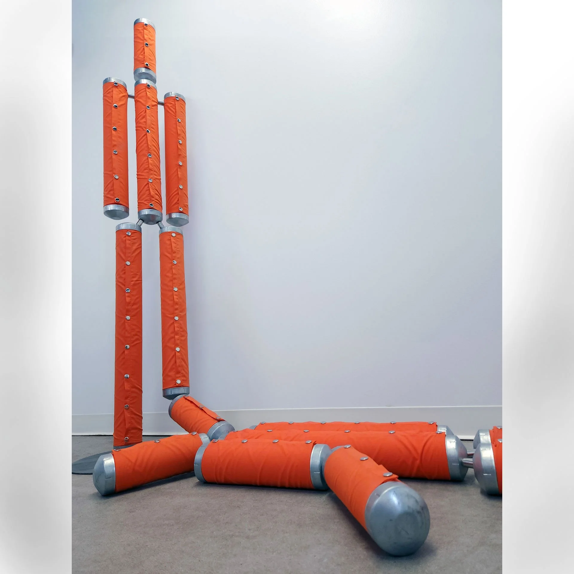 Stand, 2025. PVC pipe, fabric panels, steel base, steel caps, hardware – 72 x 85 x 25 in.