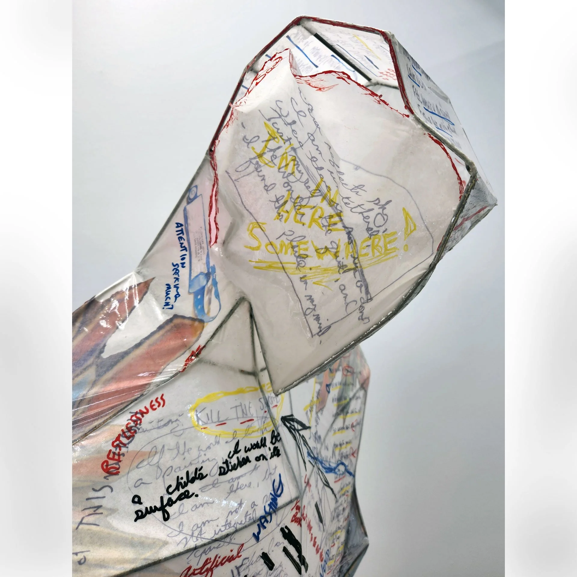 Shed, 2025. Paper, decoupage, welded steel rod, metal foil, wood, enamel – 70 x 21 x 25 in.